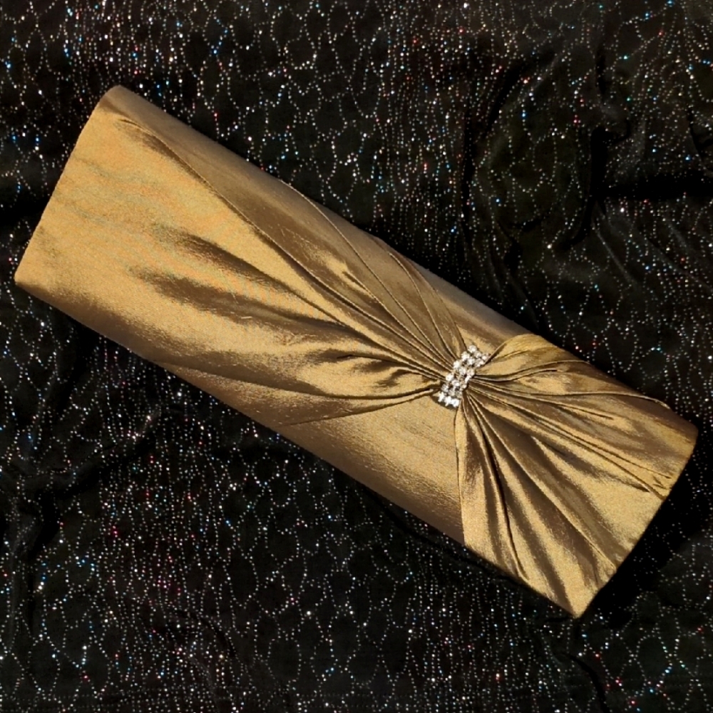 Bronze silky evening bag with Bow and Rhinestone embellishment